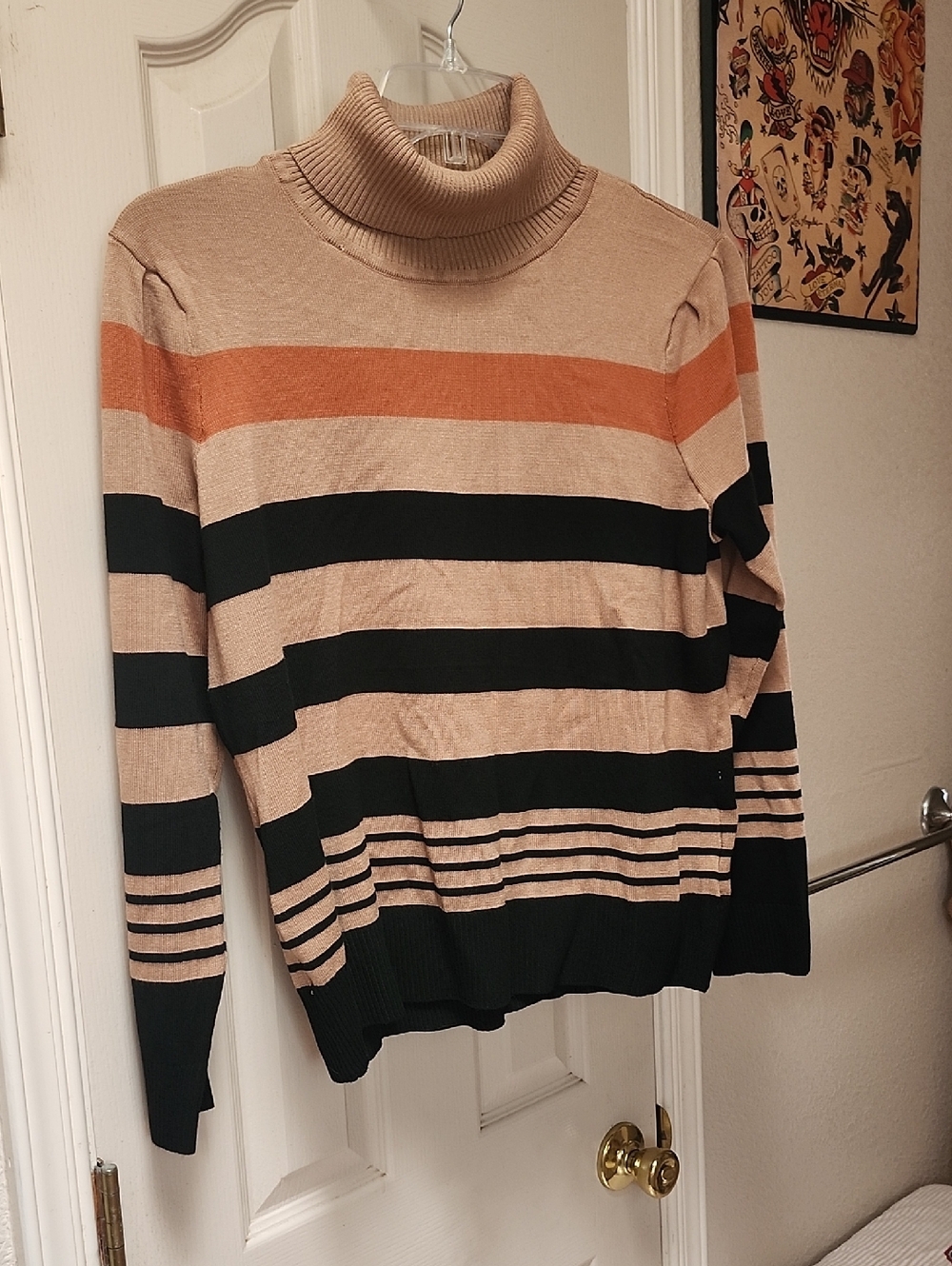 Women’s Striped Turtleneck Sweater in Beige, Black & Orange